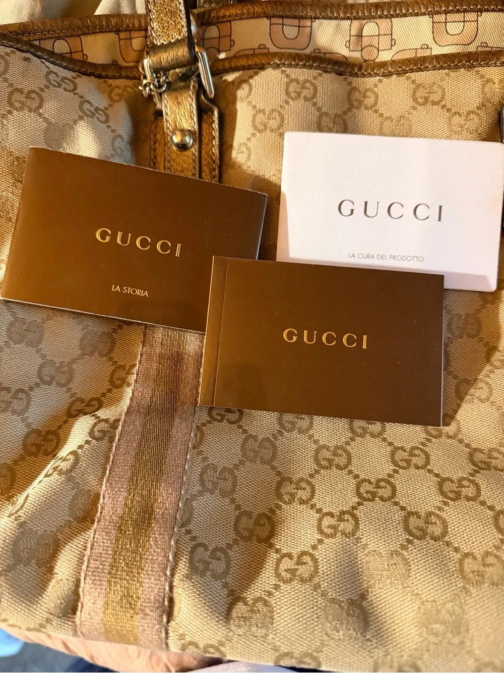 Gucci Beige Canvas Tote with Pink Stripe and Gold Handles